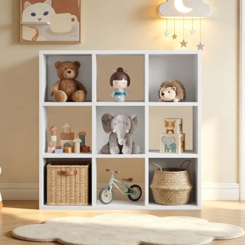 LUCKLIFE 9-Cube Storage Organizer, Modular Bookcase Shelf with Vertical or Horizontal Use, Fits 11×11" Bins, Optional Back Panels, for Living Room, Office, White