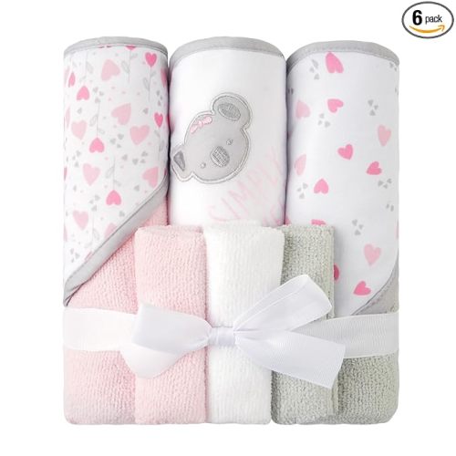 Viviland Baby Towels and Baby Wash Cloths Set Hooded Baby Towels Baby Wipes Absorbent Bath Face Towels Burp Cloths or Face Towels for Girl Boy 6-Pack Size 28 x 28 Inch(Pink Koala)