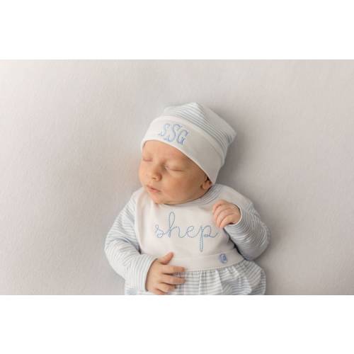 Baby boy coming home outfit, Monogrammed footie romper, Personalized Baby gift, sleeper, newborn pictures, blue mini stripe bib front footie