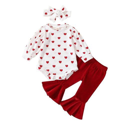 Baby Girl Valentine's Day Outfits Heart Print Romper+Flared Pants+Headband Infant Clothes 0-18 Months