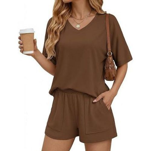 Ekouaer Two Piece Sets for Women Summer V Neck Lounge Short Sets Matching Vacation Outfits with Large Pockets Brown M