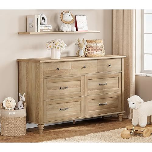 WAMPAT Wide Kids Dresser with 7 Drawers for Bedroom, Farmhouse Baby Dresser for Nursery & Kids Room, Wooden Chests & Dressers Closet Organizer for Children's Bedroom, 54 Inch, Oak