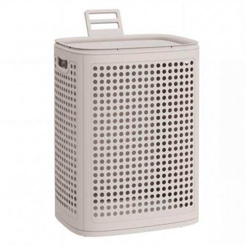 SONGMICS PP Plastic Laundry Hamper with Lid, 75 L Ventilated Laundry Basket with Cutout Handles, 16.7 x 13 x 22.4 inch, Light Beige