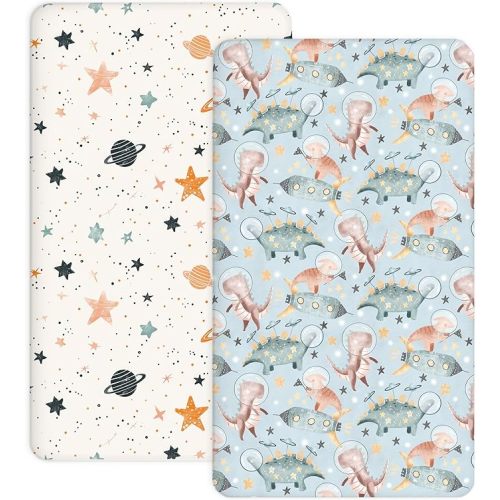Crib Sheets for Boys and Girls, 2 Pack Fitted Baby Sheets for Standard Toddler Mattress 28" x 52", Soft Breathable Jersey Knit Baby Bedding (Cosmic Dinos)
