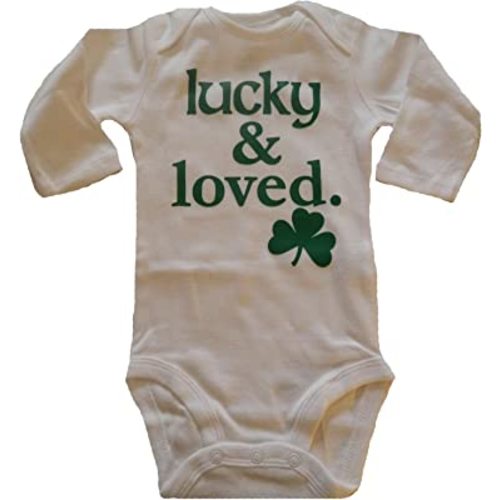 Custom Kingdom Baby Boys/Girls Lucky and Loved Irish Shamrock Long-Sleeved One-Piece Romper Bodysuit White