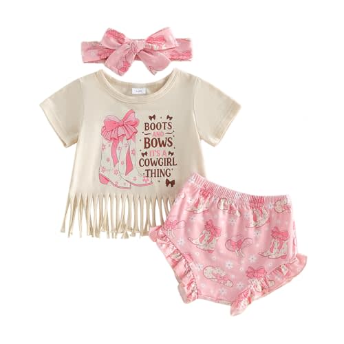 Western Baby Girl Clothes Summer Short Sleeve Letter Tassel T Shirt Romper Bloomer Shorts Set Infant Country Outfit