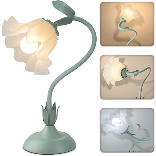 Women Bedside Table Lamps for Bedroom, Cute Flower Desk Lamp with Adjustable Flexible Gooseneck, 3 Color Temperatures Nightstand Lamp with E26 LED Bulbs, Floral Lamp for Living Room, Office,Reading