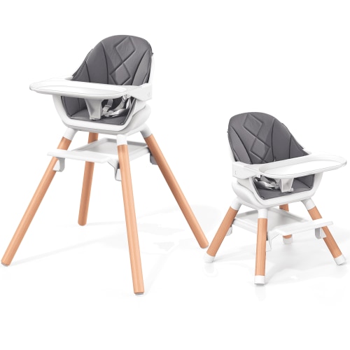 High Chair, High Chairs for Babies and Toddlers, Baby High Chair for Eating, 6 in 1 Easy Clean Highchair with Removable Double Tray and Reversible Footrest, Wooden Legs, Gray