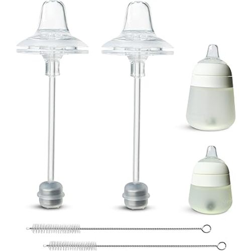 Sippy Cup Conversion Kit for Nanobébé Flexy Silicone Baby Bottles 2-Count | Soft Food Grade Silicone Sippy Spout Nipples, Weighted Straw and Straw Cleaning Brush | BPA Free | 4+ Months (Sippy Kit)