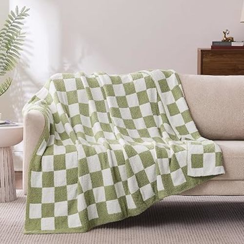 Checkered Throw Blanket, Sage Green Soft Cozy Fluffy Knitted Throw Blankets for Couch, Sofa, Bed, Chair, Warm Fuzzy Travel Picnic Lightweight Plaid Blanket, 50x70 inches