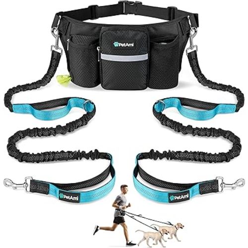 PetAmi Premium Hands Free Dog Leash for 2 Dogs, Adjustable Waist Belt Leash for Dog Walking, Fanny Pack Accessories Bag Dual Bungee Leash for Running, Hiking, Jogging, Biking, Black
