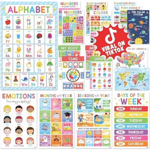 BEAWART 18 Laminated Educational Posters For Toddlers, Preschool Posters for Classroom, Kindergarten Wall Decor, PreK Learning Materials Alphabet Number Chart