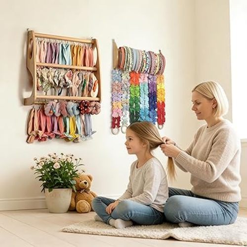 Headband Holder Hair Bows Organizer for Girls Large Capacity Wall Hanging Storage with 40 Metal Hooks 16.5 Inches x 6 Rows of Clip Spaces Hair Accessories Organizer for Baby (XL)