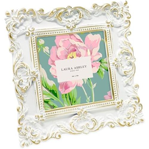 Laura Ashley 4x4 White & Gold Ornate Textured Hand-Crafted Resin Picture Frame w/Easel & Hook for Tabletop & Wall Display, Decorative Floral Design Home Décor, Photo Gallery, Art (4x4, White/Gold)