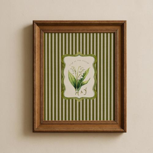 May Birth Flower Art Print, Personalized Birth Month Flower, Green Nursery Decor Striped Cottagecore Floral Wall Art Digital Download