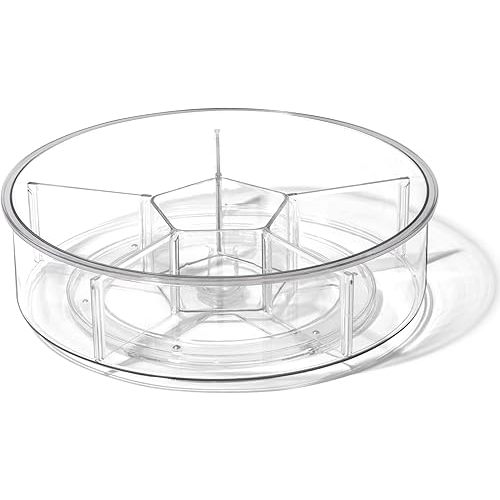 BINO Plastic Round Turntable Organizer with 6 Compartments - Clear | Spinning Divided Turntable Container | Rotating Organizer Storage for Bottle Condiments Fridge Kitchen Counter Pantry Bathroom