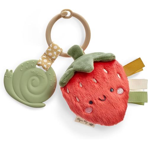 Itzy Ritzy Infant Toy & Teether - Itzy Pal Baby Teething Toy Includes Lovey, Crinkle Sound, Textured Ribbons & Silicone Teether Toy for Newborn (Strawberry)