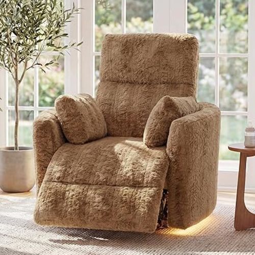 Power Swivel Rocker Recliner for Adults, Large Glider Rocking Chair w/ 2 Pillows, USB and Type-C Ports, Night Light, Fluffy Plush Nursery Chair for Living Room, Bedroom,Nursery, Brown