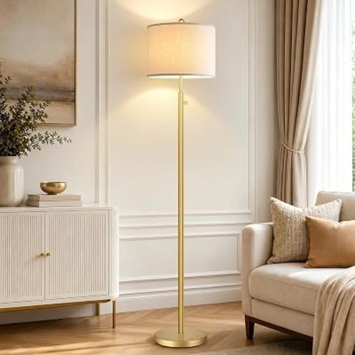 Nintiue 【Upgraded】 Dimmable Floor Lamp for Living Room, 11W LED Bulb Included, Modern Standing Lamp, Tall Pole Light with Linen Shade for Bedroom Reading Office Corner Nursery-Gold