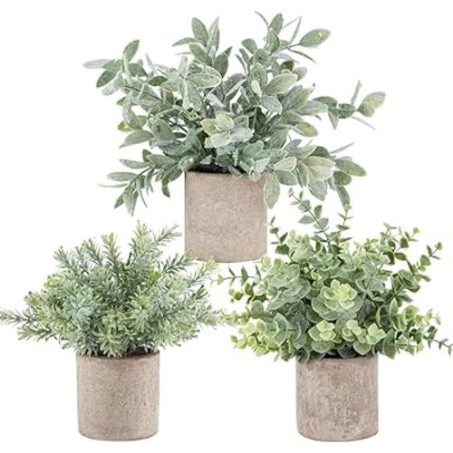 Der Rose 3 Pack Mini Potted Fake Plants Artificial Plastic Eucalyptus Plants Topiaries for Home Office Desk Farmhouse Shelf Room Bathroom Decor(Sage Green)