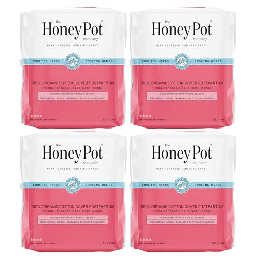 The Honey Pot Company - 48ct - Herbal Postpartum Pads w/Wings - Infused w/Essential Oils for Cooling Effect, Organic Cotton Cover, & Ultra-Absorbent - Postpartum Essentials to fill your Postpartum Kit