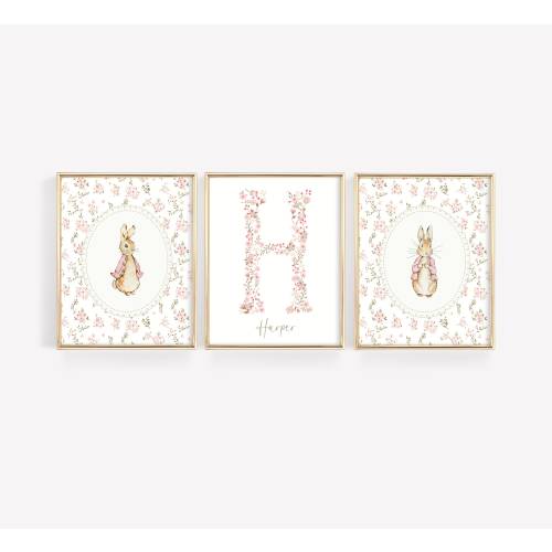 Beatrix Potter Nursery Decor, Personalized Baby Name Print, Peter Rabbit Wall Art, Floral Nursery Wall Decor, Custom Floral Nursery Decor