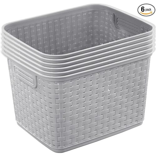 Sterilite 6-Pack Tall Weave Basket, Woven Plastic Storage Baskets for Organization, Cement Gray - Organizing Bin Containers with Handles for Bedroom, Bathroom, Dorm, Laundry Room, and Closet