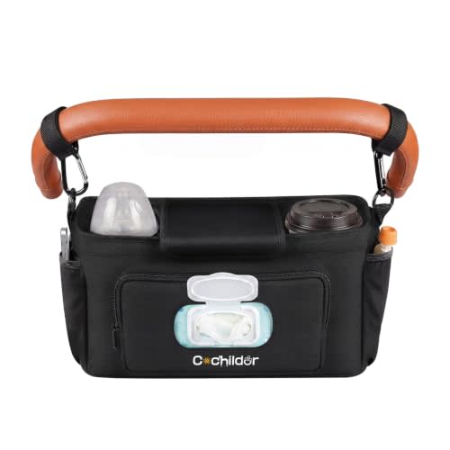 Cochildor Stroller Caddy Organizer with Cup Holder & Wipe Pocket, Black | Fits 40oz Tumblers, 2 Elastic Phone Pockets, Detachable Shoulder Strap, 2 Extra Hooks, Large 2-in-1 Front Zipper Pocket