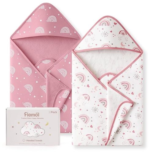 Hooded Baby Towels for Newborn,100% Cotton Baby Bath Towels with Hood for Infant Toddler Girl, 2 Pack 32x32 Inch Soft & Absorbent Knit Terry Bath Essentials Pink Rainbow