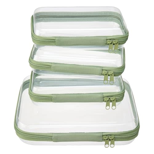 WELPIRT 4 pcs Clear Zipper Pouches,Hard Shell Zipper Case, Toiletry Bag for Travel, CLear Diaper Bag, Toiletry Pouch, Travel Organizer, Clear Cosmetic Bag,Toy Storage Bins (M+3S) (Mint Green)