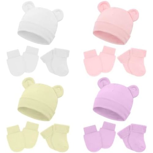 Cuffbow 4 Pcs Preemie Hats Mittens and Socks Set Preemie Mittens Warm Terry Socks for Baby
