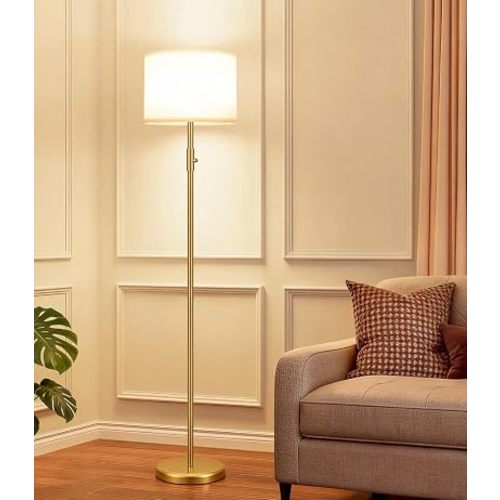 【Upgraded】 Dimmable Gold Floor Lamps for Living Room, 9W LED Bulb Included, Modern Standing Lamp with White Lamp Shade, Tall Pole Light for Bedroom Reading Office Corner Nursery-Gold