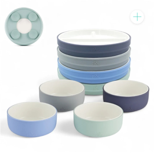 Kids Porcelain Mealtime Bundle | Suction Sleeves | 6.7" Plates + Bowls | 8 Pcs | Sage/Misty Blue/Navy/Gray