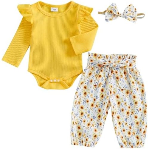 Mubineo Baby Girl Clothes Cute Outfits Ruffle Romper Flower Tops Pant Set Infant Long Sleeve Fall Winter Newborn Outfit