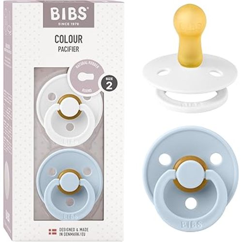 BIBS Pacifiers Colour Collection | Natural Rubber Baby Pacifier | Set of 2 BPA-Free Soothers | Made in Denmark | 6+ Months (Pack of 2) | Baby Blue/White