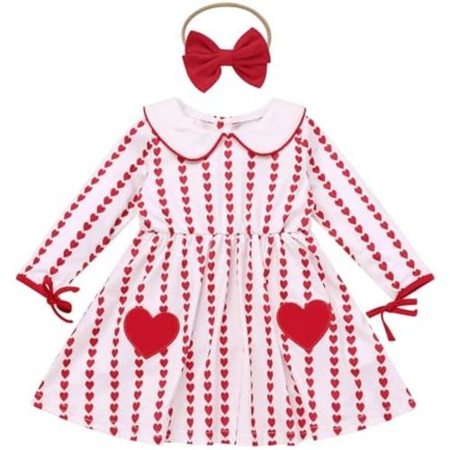 IDOPIP Toddler Baby Girls Valentine's Day Dress Long Sleeve Monogrammed Gingham Heart Dress with Bow Headband Birthday Outfit