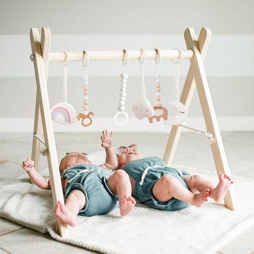 Mallify Wooden Baby Gym with 6 Gym Toys, Foldable Baby Play Gym, Natural Pine Wood Play Gym, Frame Activity Center Hanging Bar, Wooden Play Gym
