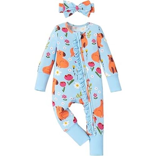 PATPAT Baby Girl Boy Footie Clothes, Bamboo Viscose, 2-Way Ruffled Zipper, Fold-Over Mittens & Cuffs with Headband