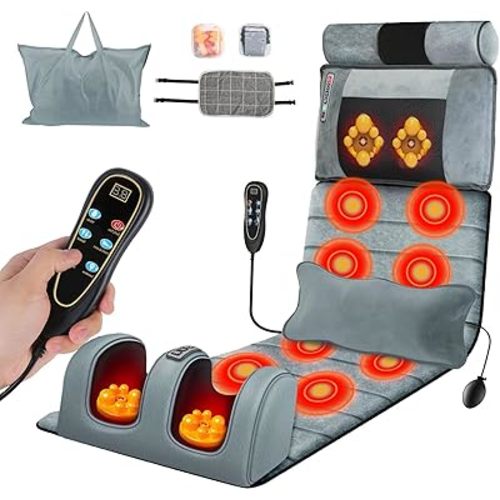 KOCASO Full Body Massage Mat with Heat, Electric Massage Mat Chair Pad Back/Neck/ Foot Massager, Detachabl Lumbar& Head Pillow W/ 2 Earplugs-Vibration & Kneading for Stress Relief/Gift