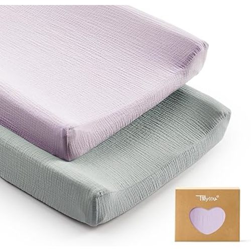 TILLYOU Muslin Changing Pad Cover for Baby Girls Boys, Soft and Breathable Cotton Diaper Changing Table Cover, 2 Pack(Grey&Purple)