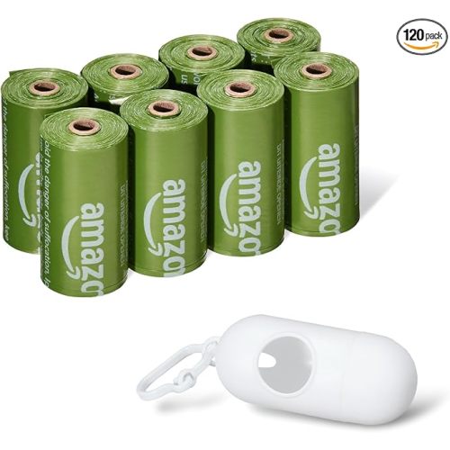 Amazon Basics Dog Poop Bags, 120 Count, Enhanced for Guaranteed Leakproof, Unscented, Green