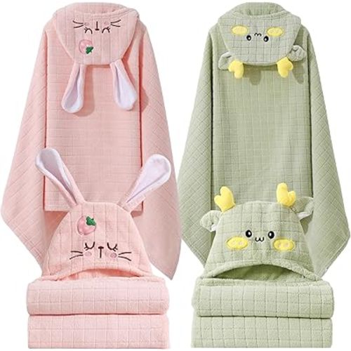Hooded Baby Towels Set,Baby Towels 2 Pack Soft Thick Absorbency Bath Towel Gift with Animal Design for Newborn,Infant,Toddler,Boys,Girls and Kids,Newborn Essential, 27.5x55Inch(Green Deer&Pink Bunny)