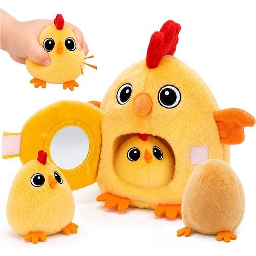 Tiny Wonders Baby Plush Soft Rattle Toy 3-6-12M, Newborn Farm Stuffed Chick | Infant Sensory Barn Animal Hen Egg House Toy Set, 1st Birthday Gift Shower Basket Stuffer 12-18 Month 0 1 Yr Toddler Boy Girl