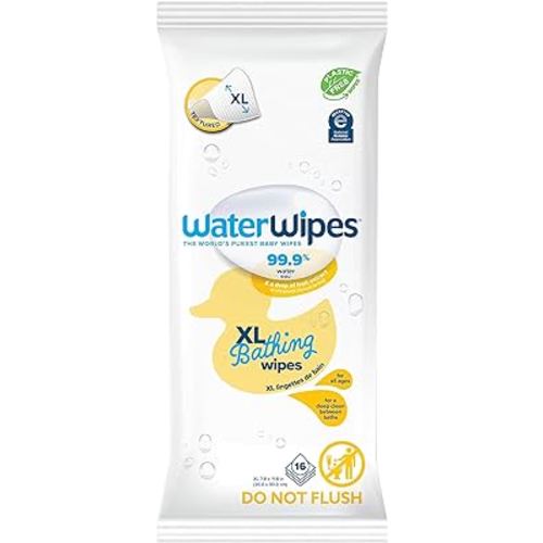 WaterWipes Plastic-Free XL Bathing Wipes for Toddlers & Babies, 99.9% Water Based Wipes, Unscented & Hypoallergenic for Sensitive Skin, 16 Count (1 pack), Packaging May Vary
