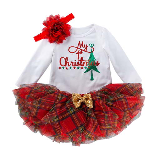 Baby Girl First Christmas Outfits Letter Print Romper Plaid Tutu Dress Headband 3PCS Clothing Set White 6-12 Months
