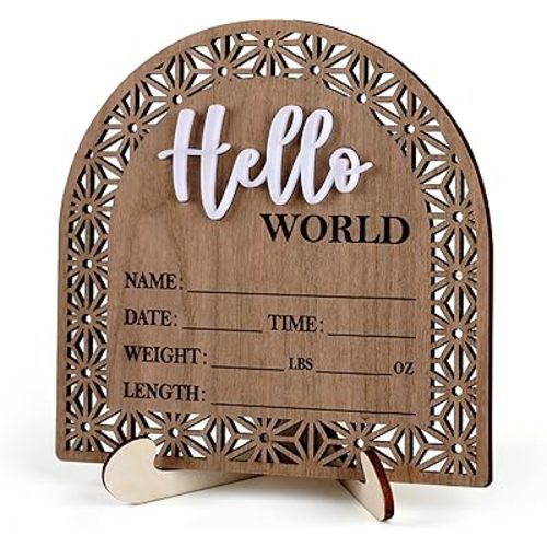 Bleed Proof Engineered Wood, 5.5 Inch Wooden Birth Announcement Sign with Easel Stand, 3D Arcylic Hello Sign, Newborn Announcement Plaque for Girl Boy Photo Prop Baby Shower Nursery Hospital - Rustic