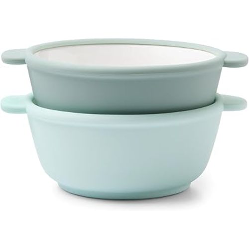 Ello Clean Start Toddler Bowls 2 Pack | Ceramic Kids/Baby Bowls with Silicone Sleeves | BPA-Free, Plastic-Free | Microwave & Dishwasher Safe | High Chair Friendly, Stackable | Dewdrop/Grayed Jade