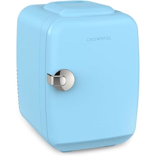 CROWNFUL Mini Fridge, 4 Liter/6 Can Portable Cooler and Warmer Personal Fridge for Skin Care, Cosmetics, Food,Great for Bedroom, Office, Car, Dorm, ETL Listed (Blue)