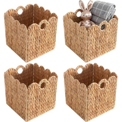 Scalloped Wicker Storage Cubes Basket, 12”x12“ Heavy Duty Paper rope/Hyacinth/Seagrass Baskets for Shelves, Foldable Natural Boho Square Bins (Water Hyacinth, 12 x 12 x 12in, 4-Pack)