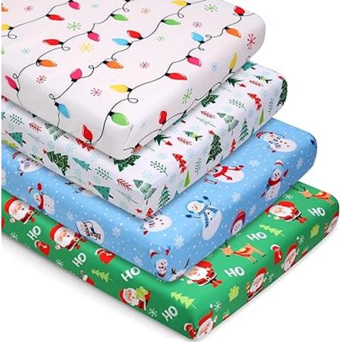 VitalCozy 4 Pcs Christmas Crib Sheets Santa Claus Snowman Tree Light for Boys Girls 52'' x 28'' x 8'' Breathable Newborn Crib Mattress Sheet Fitted Baby Gifts for Standard Cribs and Toddler Mattresses